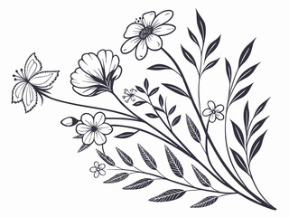 Fototapeta premium Floral branch and minimalist flowers for logo or tattoo. Hand-drawn line wedding herb, elegant leaves, perfect for branding, wedding designs, nature themes, botanical art