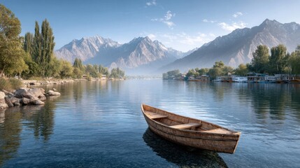 Serene Lake with Wooden Boat and Snow-Capped Mountains