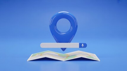 Navigating Digital Maps - A 3D render of a location pin on a map with a search bar and a microphone icon, for navigating digital maps and local search