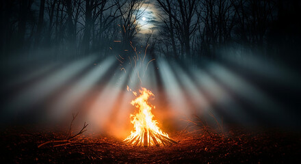 Bonfire in a misty forest at night