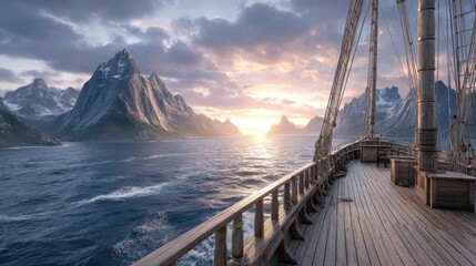 Sailing Ship's Deck View of Epic Mountain Seascape at Sunset