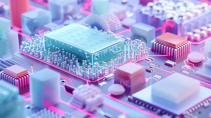 Clean minimal circuit design with lavender, ice-blue, and coral chip clusters and thin laser ribbons .