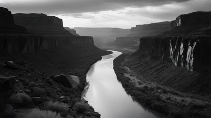Monochrome canyon river vista.  Dark cliffs frame a winding river