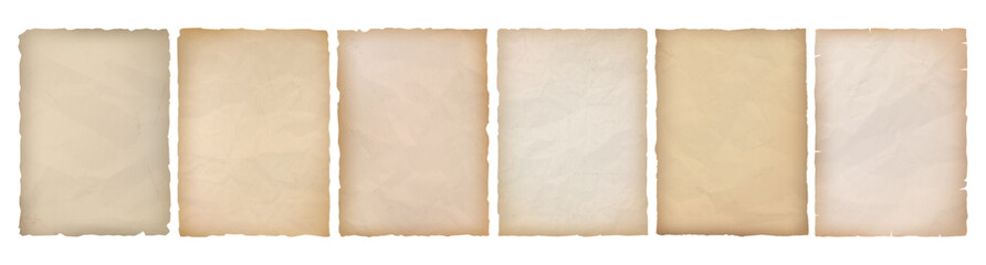Fototapeta premium Torn papers collection with yellowed and stained texture. Vector pages with worn surfaces and visible creases, discoloration and ragged edges. History themes or aged document simulations