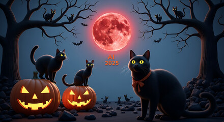 Halloween scene with black cats, jack-o'-lanterns, and a red moon