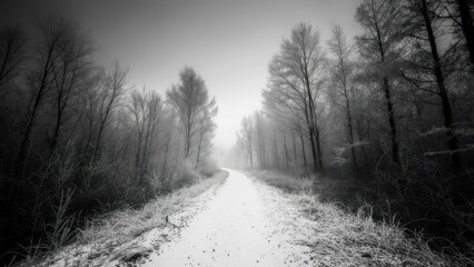 A snow-covered path winds through a dark, misty forest