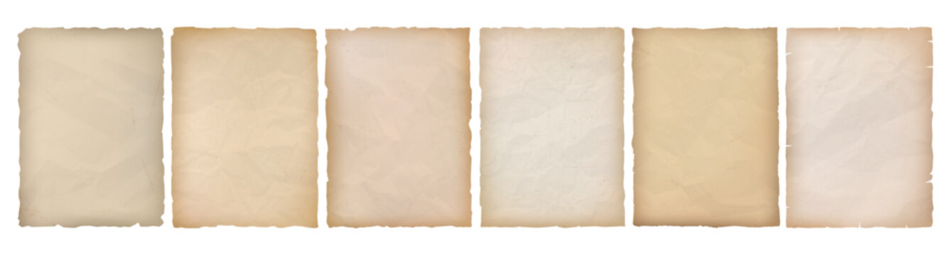 Torn papers collection with yellowed and stained texture. Vector pages with worn surfaces and visible creases, discoloration and ragged edges. History themes or aged document simulations