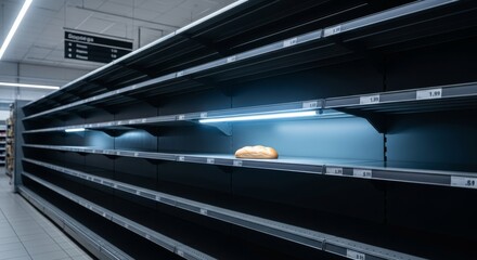 A single loaf of bread sits alone on an otherwise empty supermarket shelf.  This striking image symbolizes scarcity, supply chain issues, or even the aftermath of panic buying. The stark contrast