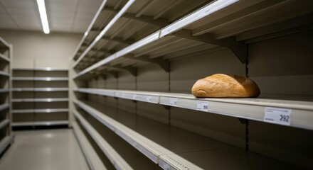 A single loaf of bread sits alone on an otherwise empty supermarket shelf.  The image evokes feelings of scarcity and potential crisis. Perfect for illustrating themes of shortage, supply chain