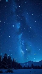 Naklejka premium Starry night sky, deep blue, sparkling snowflakes , heavenly, abstract, winter