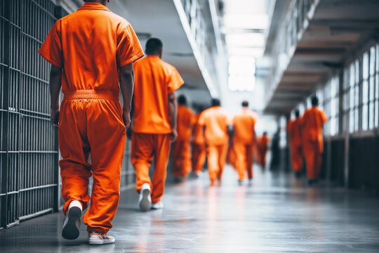 backs of men prisoners in orange uniforms in prison corridor. Convicts serving their sentences in prison