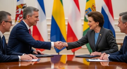 International handshake agreement.  Two politicians shake hands during a formal meeting.  Diplomatic relations, political negotiations, global cooperation.