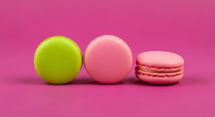 Colorful Macarons on a Vibrant Pink Background A Delightful Treat for Dessert Lovers and Food Bloggers
