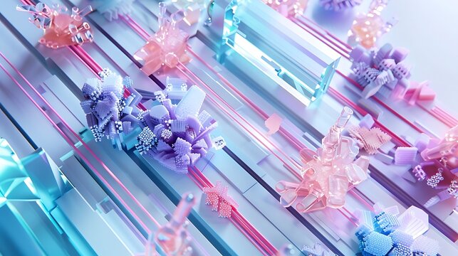 Clean minimal circuit design with lavender, ice-blue, and coral chip clusters and thin laser ribbons .