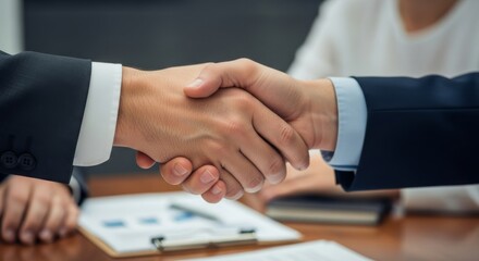 Close-up image of a firm handshake between two businesspeople, symbolizing a successful deal or partnership.  The image is ideal for concepts related to business, agreement, and collaboration.