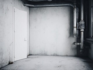 Bleak white room pipes and door