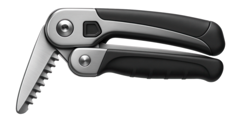 Foldable hedge trimmer for easy storage in a small apartment closet.