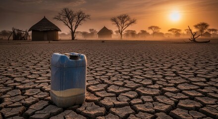 A lone blue water canister sits on cracked earth at sunrise, near a small village in sub-Saharan Africa. The image depicts drought and the struggle for water resources in arid regions.  The scene