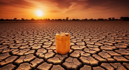 A lone jerrycan sits on cracked earth at sunset, depicting drought and water scarcity in a rural African landscape. The image evokes themes of climate change and environmental challenges.  A powerful