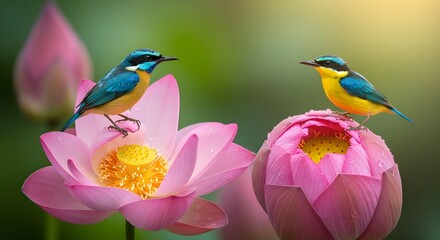 "Colorful birds inside pink lotus flowers"