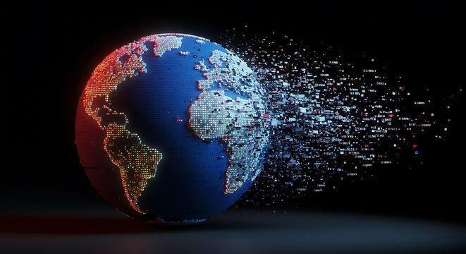 Futuristic Voxel Earth Shattering into a Luminous Data Stream