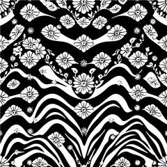 Wavy boho floral triangle pattern, distorted perspective, optical illusion effect