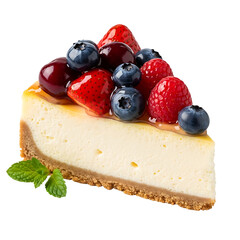 Close-up of a slice of cheesecake topped with mixed berries.