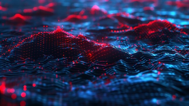 Digital terrain with red glowing nodes, blue reflections, and ultraviolet quantum beam overlays .