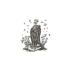 Engraving logo of a skeleton king wearing a crown and royal cloak, surrounded by flowers, leaves, and natural elements