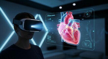 Person wearing a virtual reality headset viewing a 3D hologram of a human heart in a futuristic room.