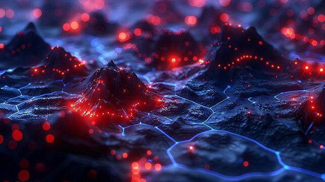Digital terrain with red glowing nodes, blue reflections, and ultraviolet quantum beam overlays .