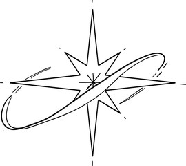 Abstract y2k line star, tattoo aesthetic doodle or sketch. Sparkle swirl silhouette line light, move, trail. Retro space orbit geometric 