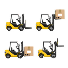 Fototapeta premium Forklift Operation Sequence: A comprehensive illustration of a forklift going through a sequence of operations, demonstrating the lift, transfer, and placement of goods.