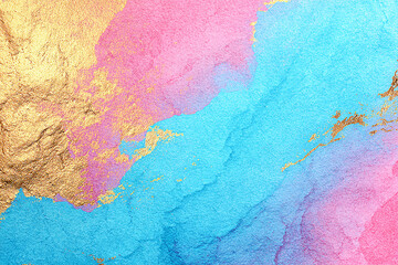 Fototapeta premium Abstract watercolor artwork featuring vibrant pink, blue, and gold textures, ideal for backgrounds