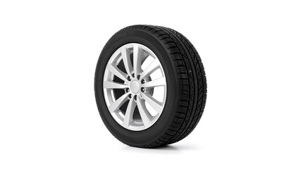 Obraz premium Studio shot of car tire with intricate silver rims on a clean white backdrop showcasing automotive