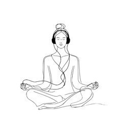 Obraz premium Woman meditating with headphones listening to music mindfulness relaxation zen line art vector illustration