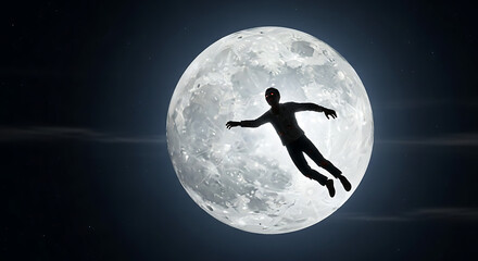 Silhouette of a person against a full moon with red eyes