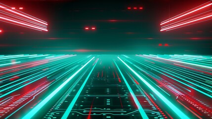 Fototapeta premium Glowing teal and red digital processors with horizontal light trails over a gradient deep-space tech floor .