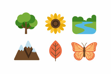 Nature icon set, tree sunflower lake mountain, green leaf butterfly, outdoor theme vector, eco symbol pack