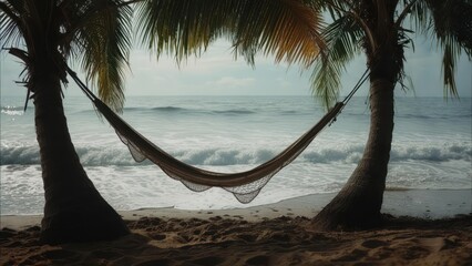 Hammock on beach with palm trees, ocean waves
