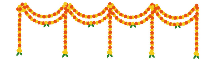 colorful marigold flower garland decoration vector - Traditional Eco-Friendly Wedding Toran with Marigold & Mango Leaves – Indian Festival Vector Design. © Anshu