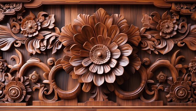Burmese Temple-Style Hand-Carved Teak Wall – Wooden Teak Wall Art That Brings Tranquil Majesty and Intricate Devotional Detail into Your Home with Authentic Southeast Asian Design - Powered by Adobe