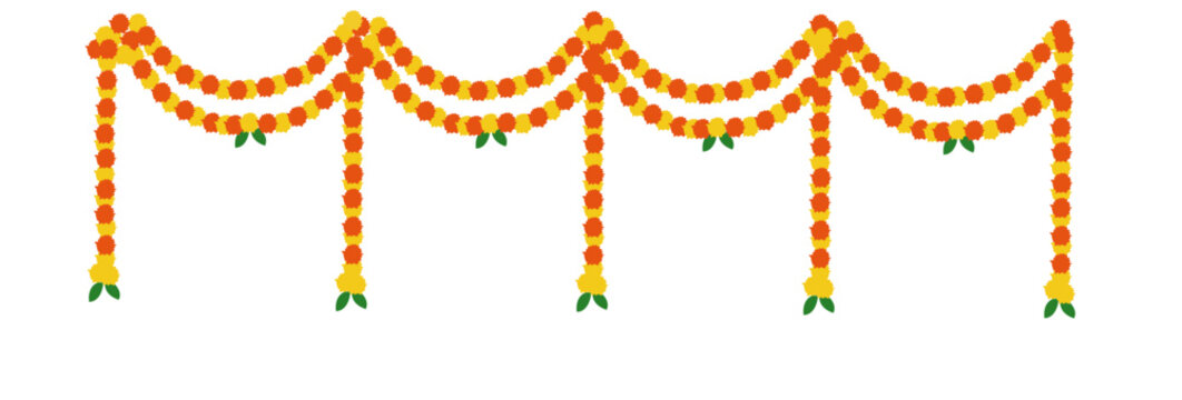 colorful marigold flower garland decoration vector - Traditional Eco-Friendly Wedding Toran with Marigold & Mango Leaves – Indian Festival Vector Design.