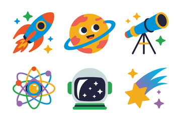 Rocket ship and telescope icons, planet astronaut helmet atom vector, outer space illustration, astronomy clipart, science project design
