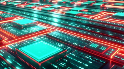 Glowing teal and red digital processors with horizontal light trails over a gradient deep-space tech floor .
