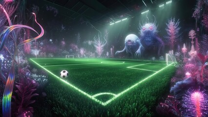 Futuristic, alien football field filled with glowing flora and creatures