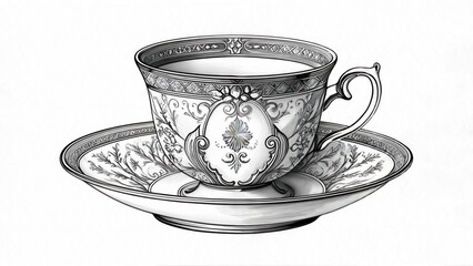 Ornate teacup and saucer, detailed illustration
