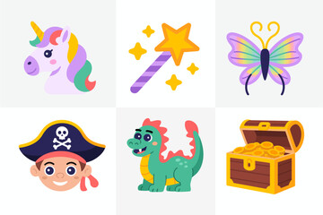 Pirate kid and dragon set, treasure chest, unicorn friend, magic wand star, playful adventure icons, cartoon vector illustration