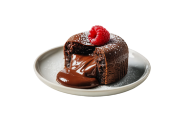 A decadent chocolate lava cake with a molten center and raspberry topping isolated on transparent background