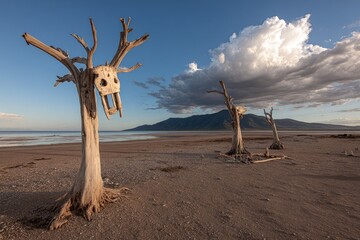 Dead trees, carved faces, dry lake shore